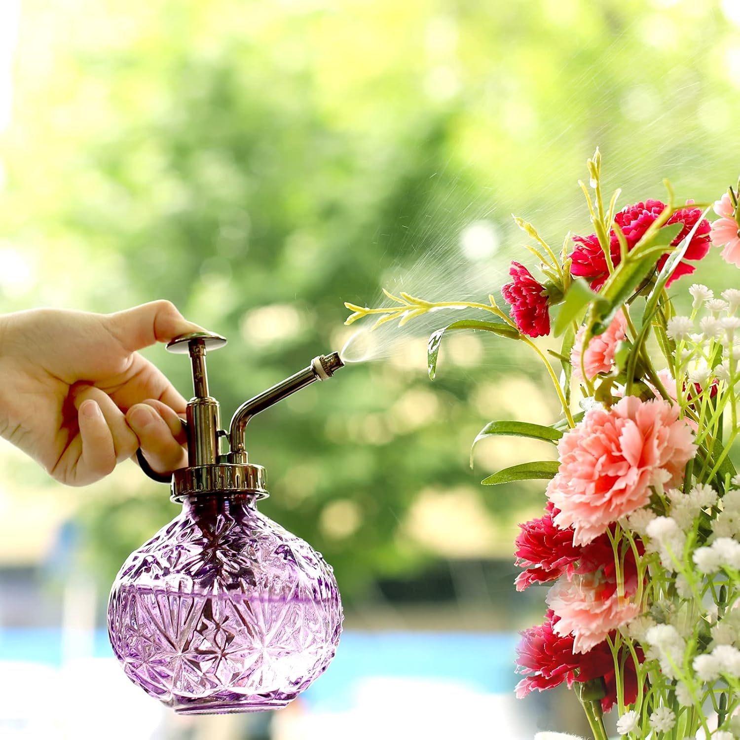 240ml Vintage Glass Plant Mister – Purple Decorative Spray Bottle with Metal Pump